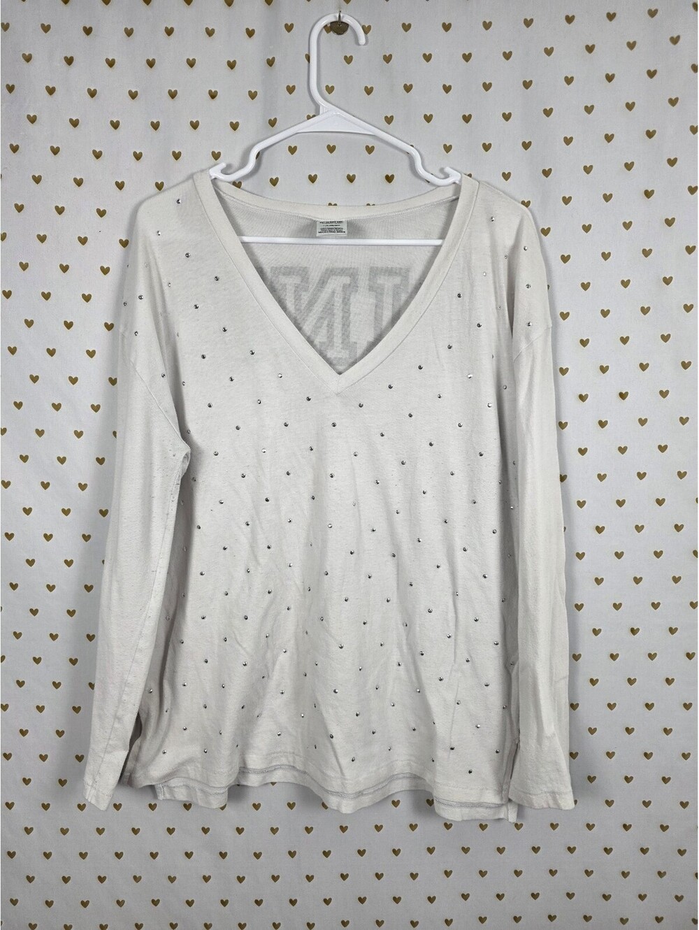 Victorias Secret PINK Bling Studded V neck Long sleeve Rhinestone Tee shirt L